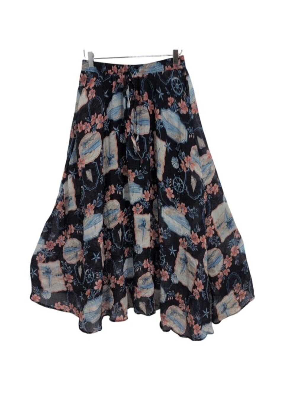 Floral Nautical Maxi Skirt Womens Size Medium Blue Coastal Whimsigoth Drawstring